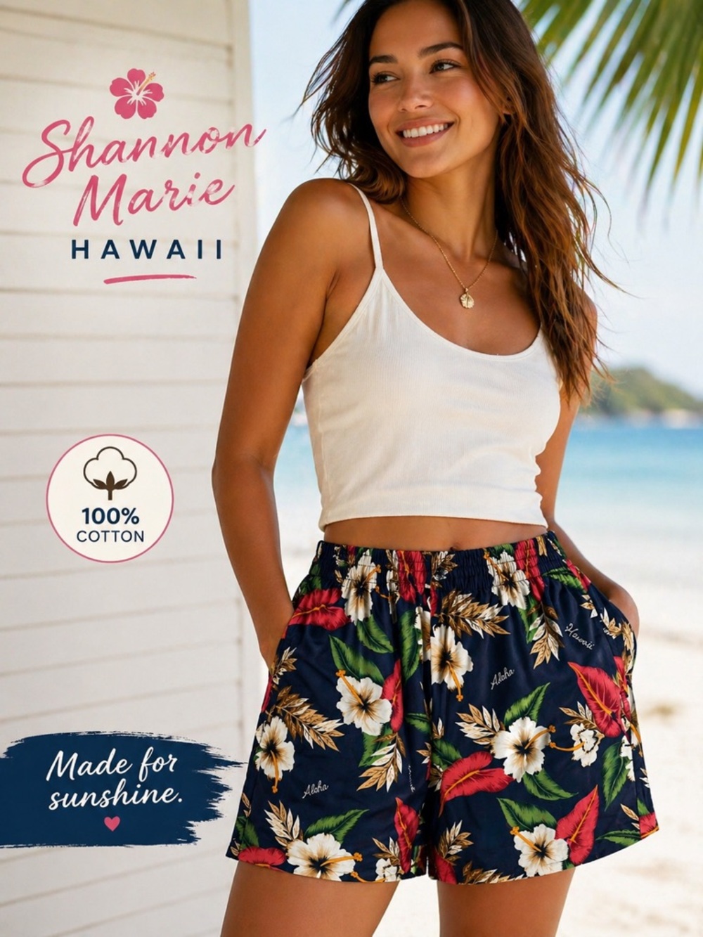 Shannon Marie Hawaii Floral Beach Shorts - Navy with Red & Green 100% COTTON